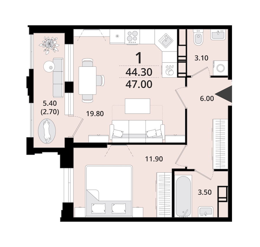 1-комнатная квартира 47 м², 8/13 эт., ЖК «Тайм Сквер»